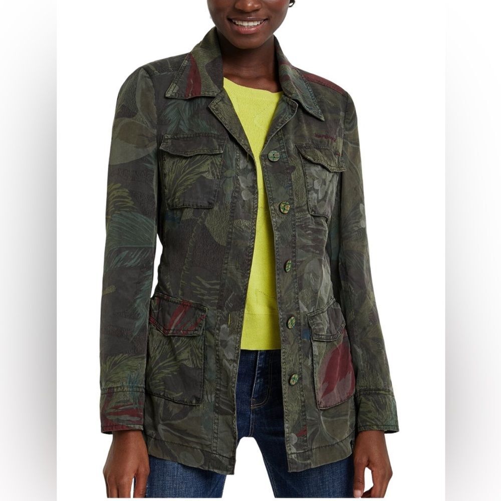 Desigual Camoflower Military Belted Long Jacket Wood Button Tortoiseshell Buckle